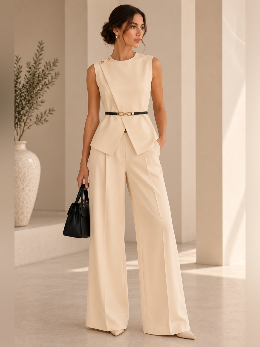 Commense Apricot Sleeveless Top Pleated Wide Leg Pants Set M